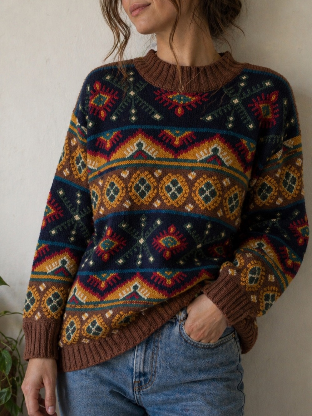 Vintage Paul Harris Brown Navy‎ Boho Folk Tapestry Knit Sweater Small Indie 90s
